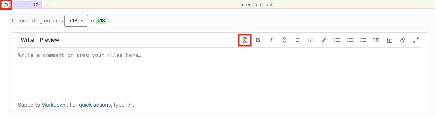Screenshot eines Code-Review-Kommentarfelds mit markierter Kommentar-Schaltfläche links und markiertem Datei-Upload-Symbol im Editor.