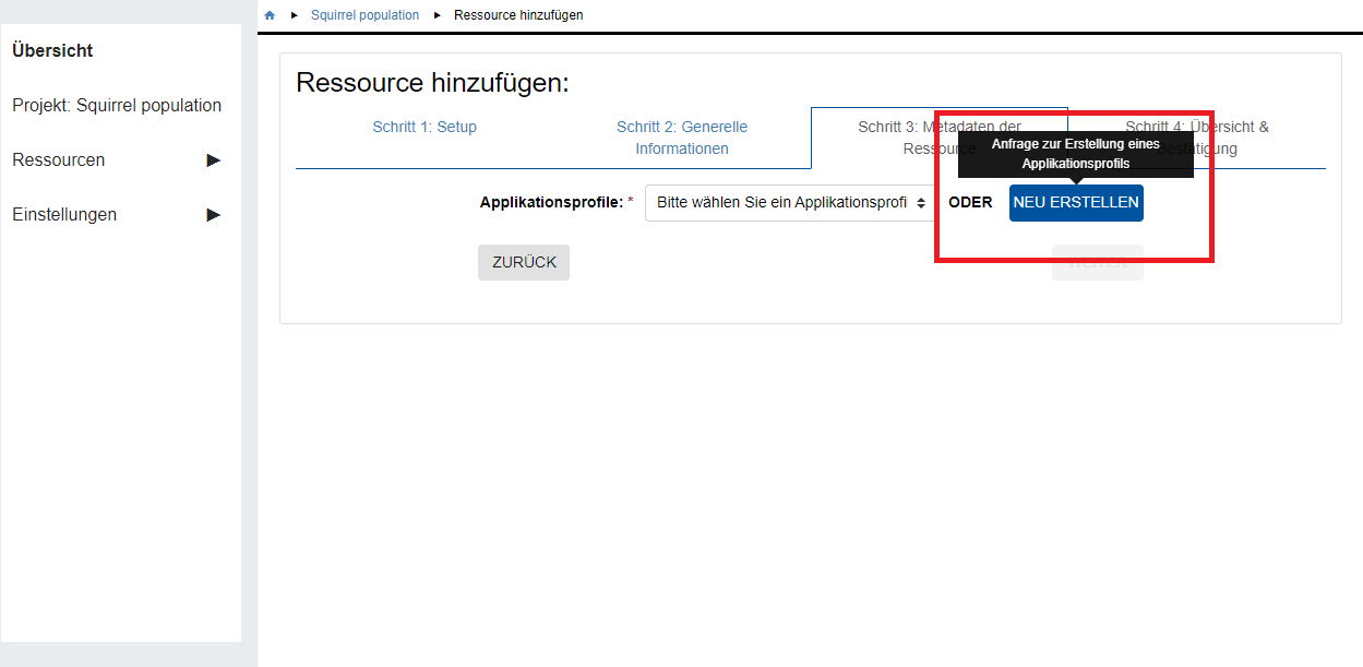 Neues Metadatenprofil erstellen - Navigation zum Metadatenprofil-Generator