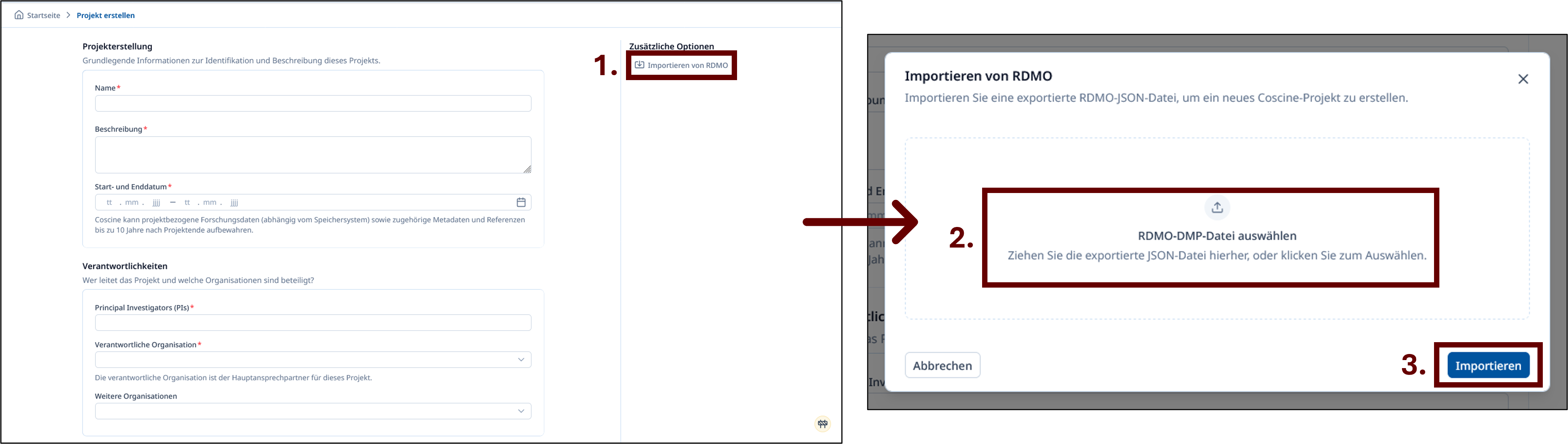 Zwei Screenshots von der Bedienoberfläche von Coscine. Der linke zeigt das Formular zur Projekterstellung. Mit einem roten Kasten ist der erste Schritt für den Import der JSON-Datei hervorgehoben (Schaltfläche 