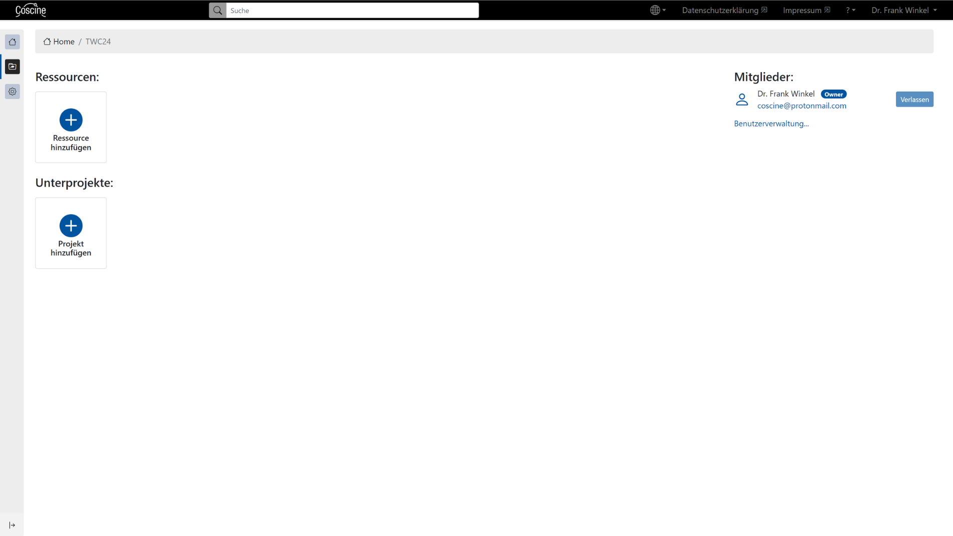 Dashboard von einem neu erstelltem Projekt