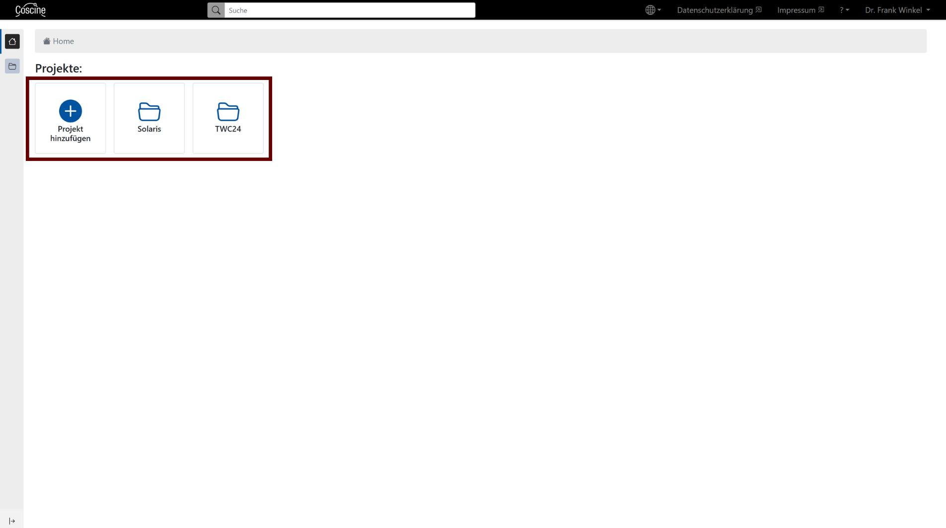 Projekt-Seite der Coscine-Platform von der aus neue Projekte hinzugefügt werden können
