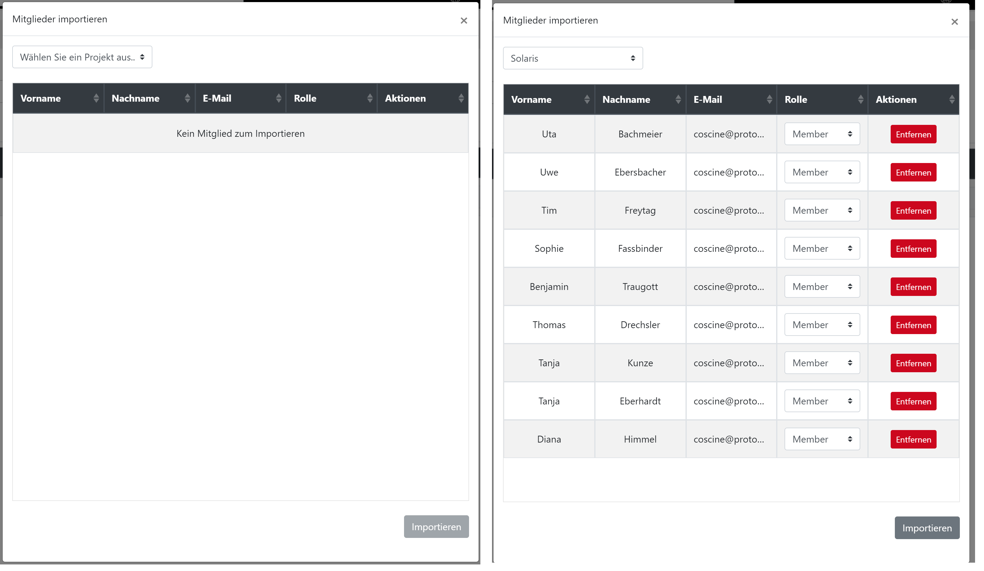 Schaltfläche, über die ein Unterprojekt ausgewählt werden kann, aus dem die Projektmitglieder importiert werden sollen.