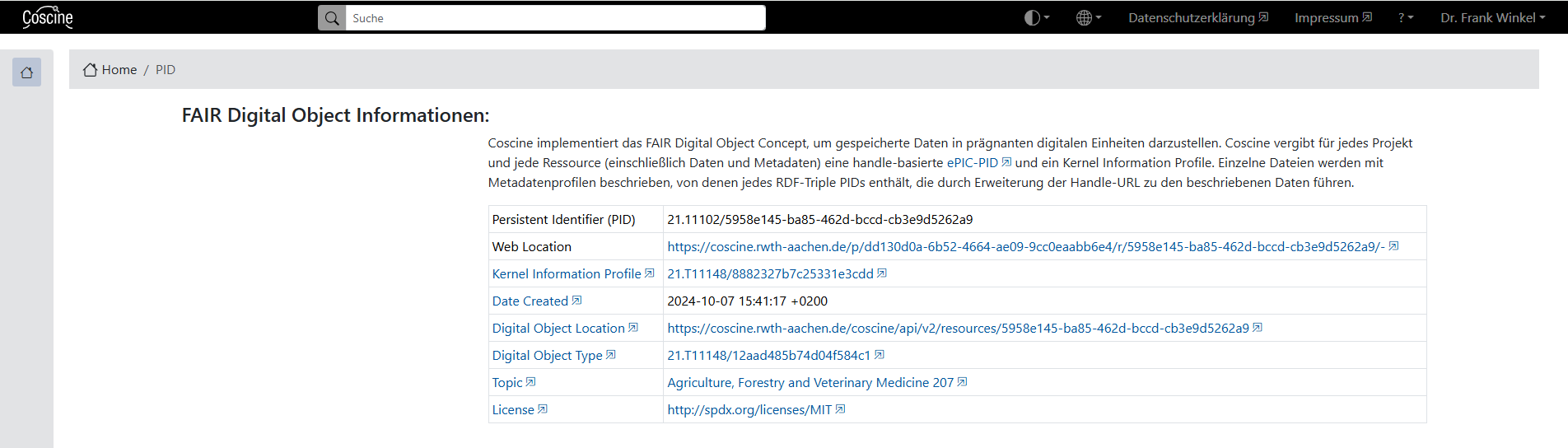 Anzeige des Persistent Identifier in den Ressourceneinstellungen