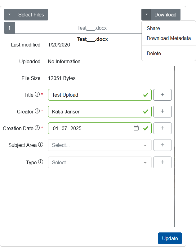 Ausklappmenü mit dem Metadaten Download