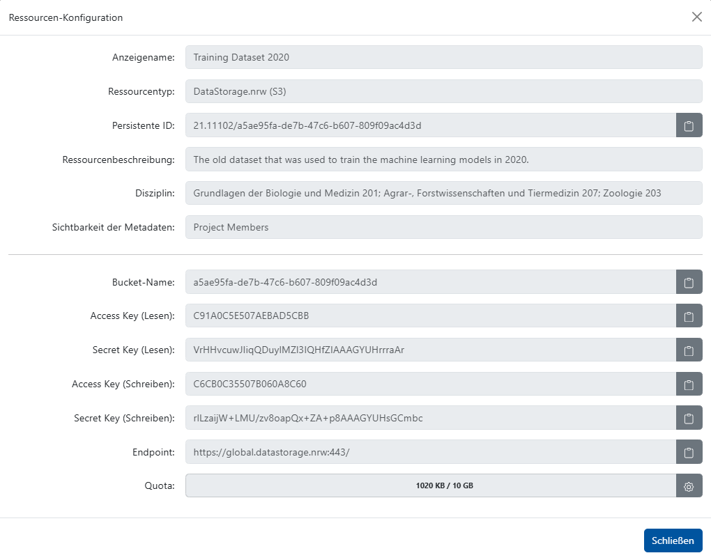 Tab mit den folgenden Konfigurationsoptionen für die Ressource: Anzeigename, Ressourcentyp, persistente ID, Ressourcenbeschreibung, Disziplin, Sichtbarkeit der Metadaten, Bucket-Name, Access Key (Lesen), Secret Key (Lesen), Access Key (Schreiben), Secret Key (Schreiben), Endpoint und Quota.