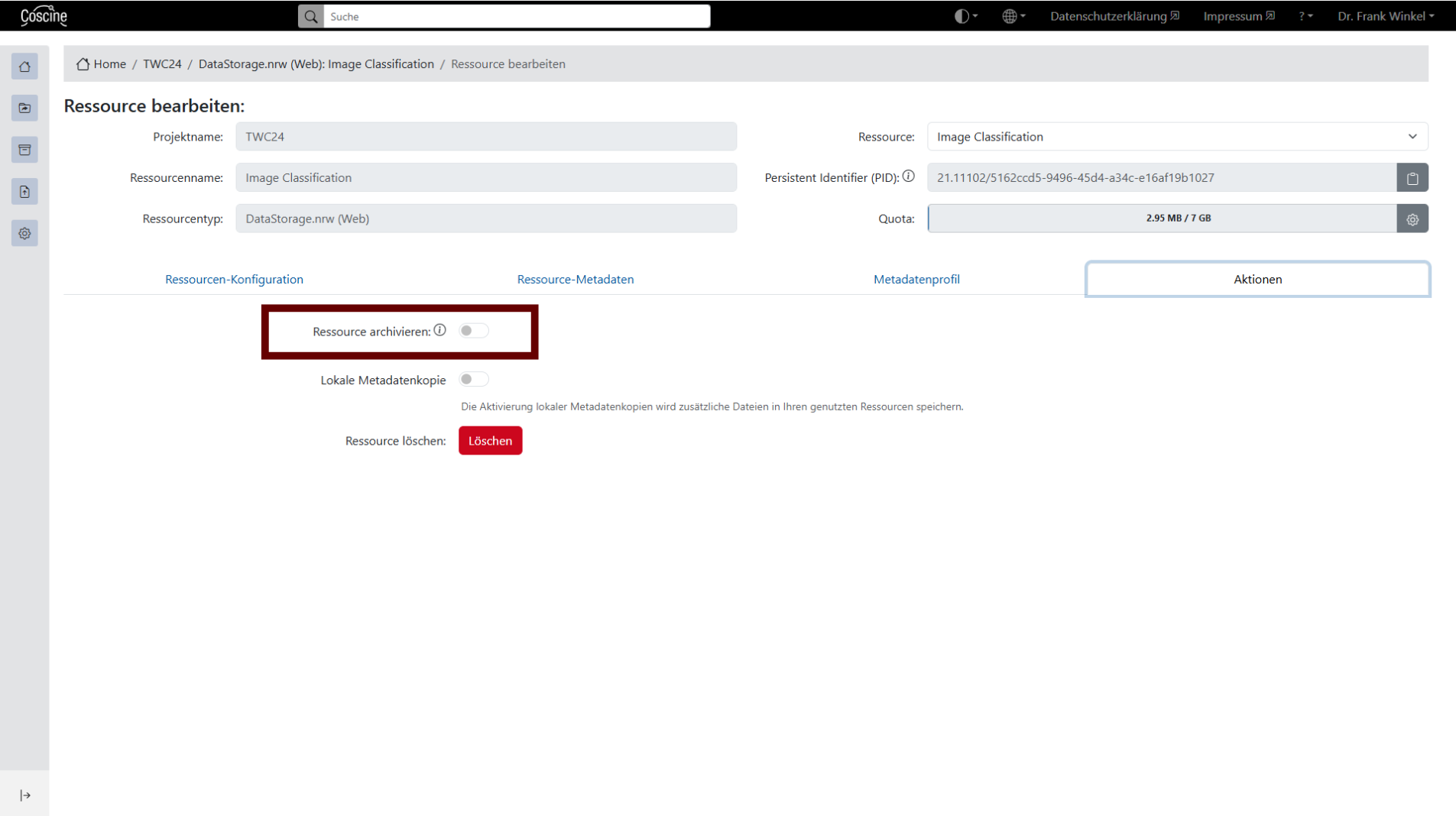 Option: Status einer Ressource auf archiviert setzt. Die Archivieren Option finden Sie unter dem Aktionen Reiter.