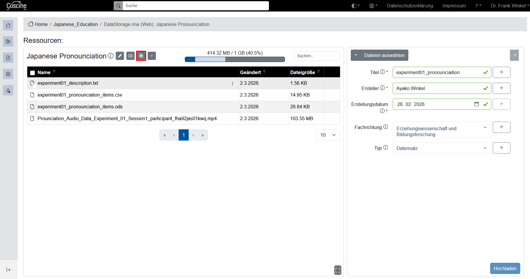 Website-Dashboard zu Ressourcen zeigt eine Schaltfläche mit der die genutzte Quota detailliert anzeigt, welcher Platz von aktuellen Dateien oder nur Versionsbackups genutzt wird