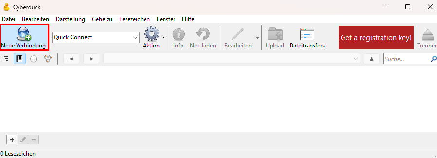 Startfenster von Cyberduck mit dem Button „Neue Verbindung”.