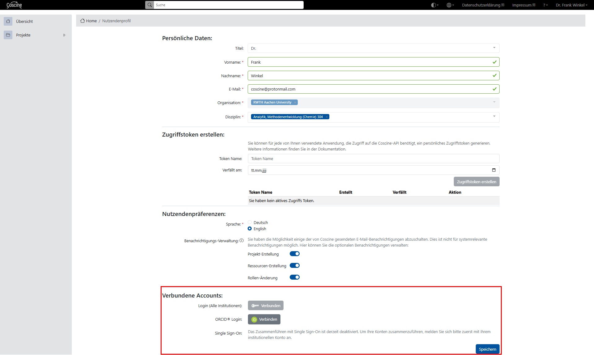 Coscine Nutzendenprofil mit persönlichen Informationen, Zugriffstoken, Nutzendenpräferenzen bezüglich der Sprache sowie verbundene Accounts aufgrund der verschiedenen Login-Möglichkeiten