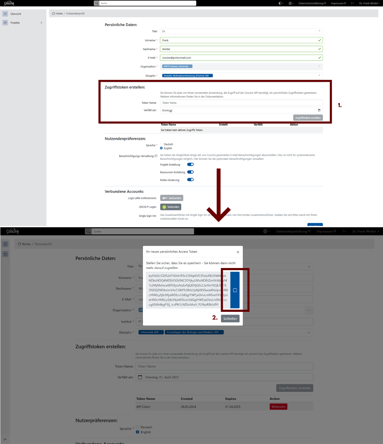Schaltfläche zur Erstellung und Bearbeitung von Zugriffstokens und der neu erstellte Token.