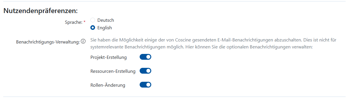 Screenshot des Coscine Benachrichtigungs-Verwaltung