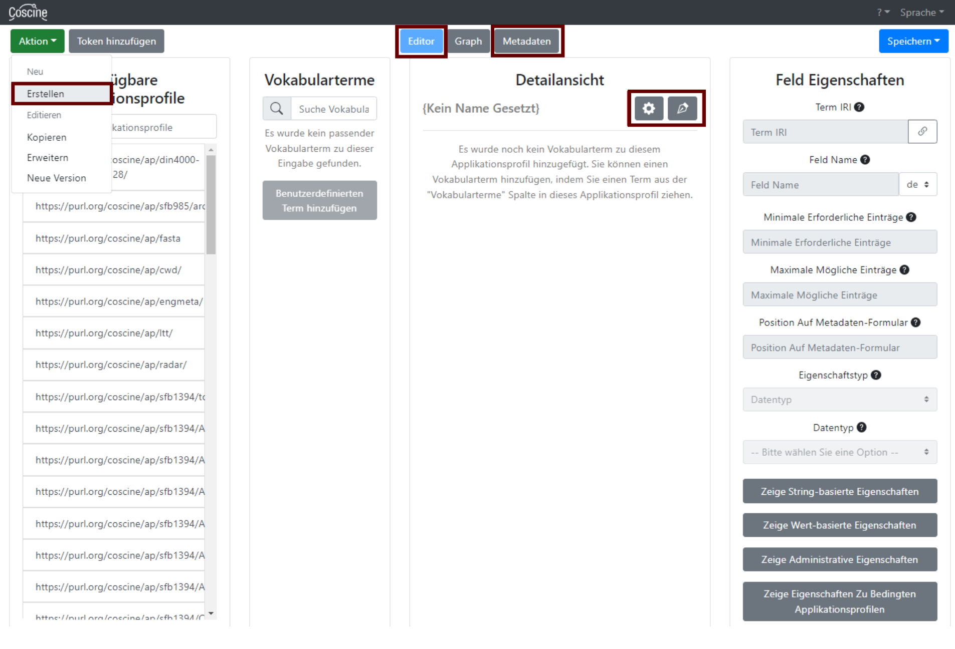 Screenshot of an editing area in Coscine: profile list on the left, detailed view with editor menu in the middle, properties panel on the right.