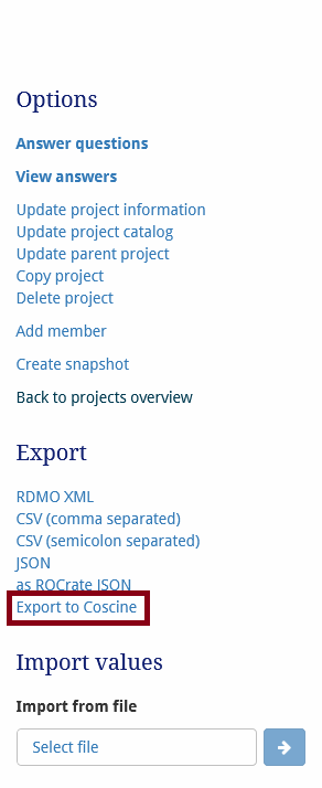 Part of the RDMO web interface, showing a list of possible formats for exporting the DMP. The ‘Export to Coscine’ option is highlighted in a red box.