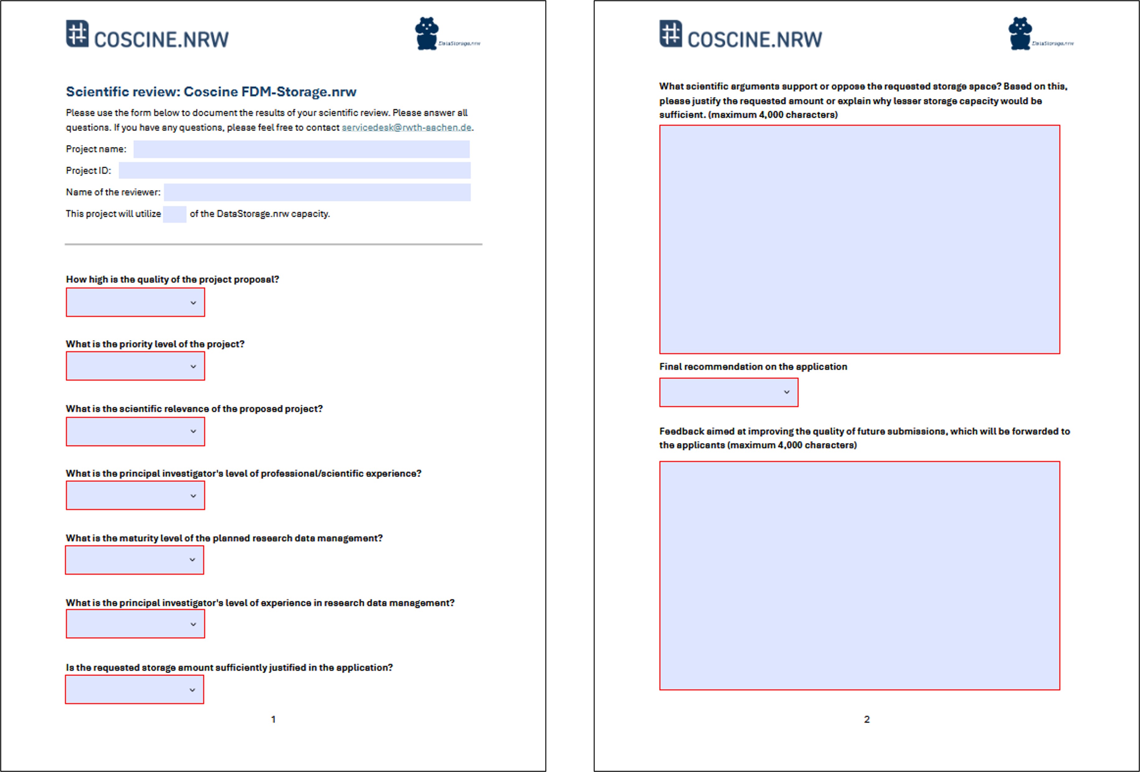 A list of questions that must be answered for a scientific review. The two-page document contains drop-down fields and free-text fields.