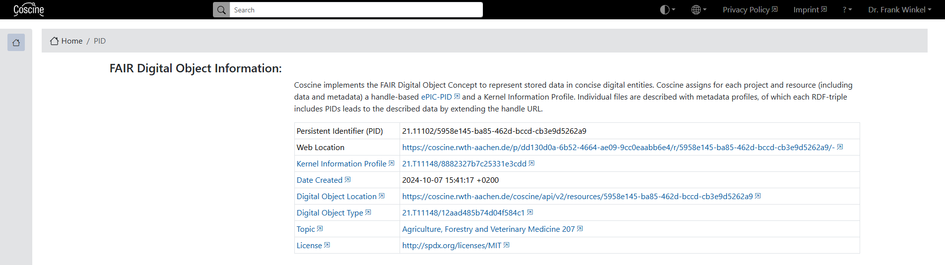 The Persistent Identifier in the resource settings