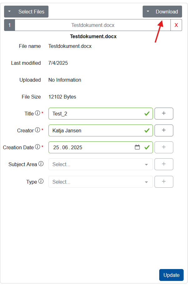 File context menu, on the right side, with download button
