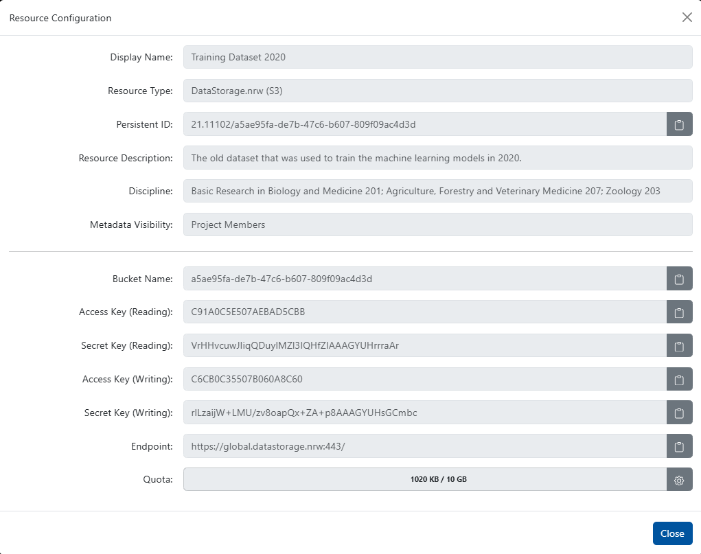 Tab with the following configuration options for the resource: Display name, resource type, persistent ID, resource description, discipline, metadata visibility, bucket name, access key (read), secret key (read), access key (write), secret key (write), endpoint, and quota.