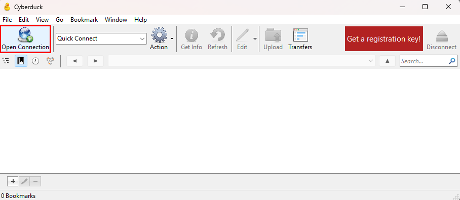 The Cyberduck start window with the ‘New Connection’ button.