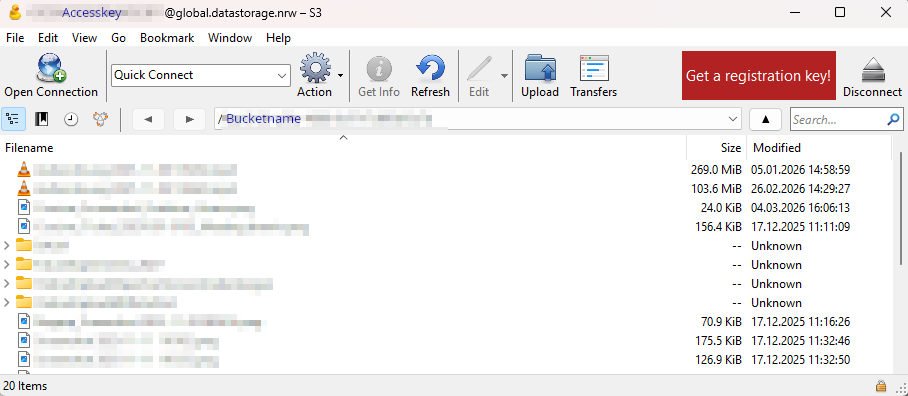 The Cyberduck start window showing the list of files stored on the server.
