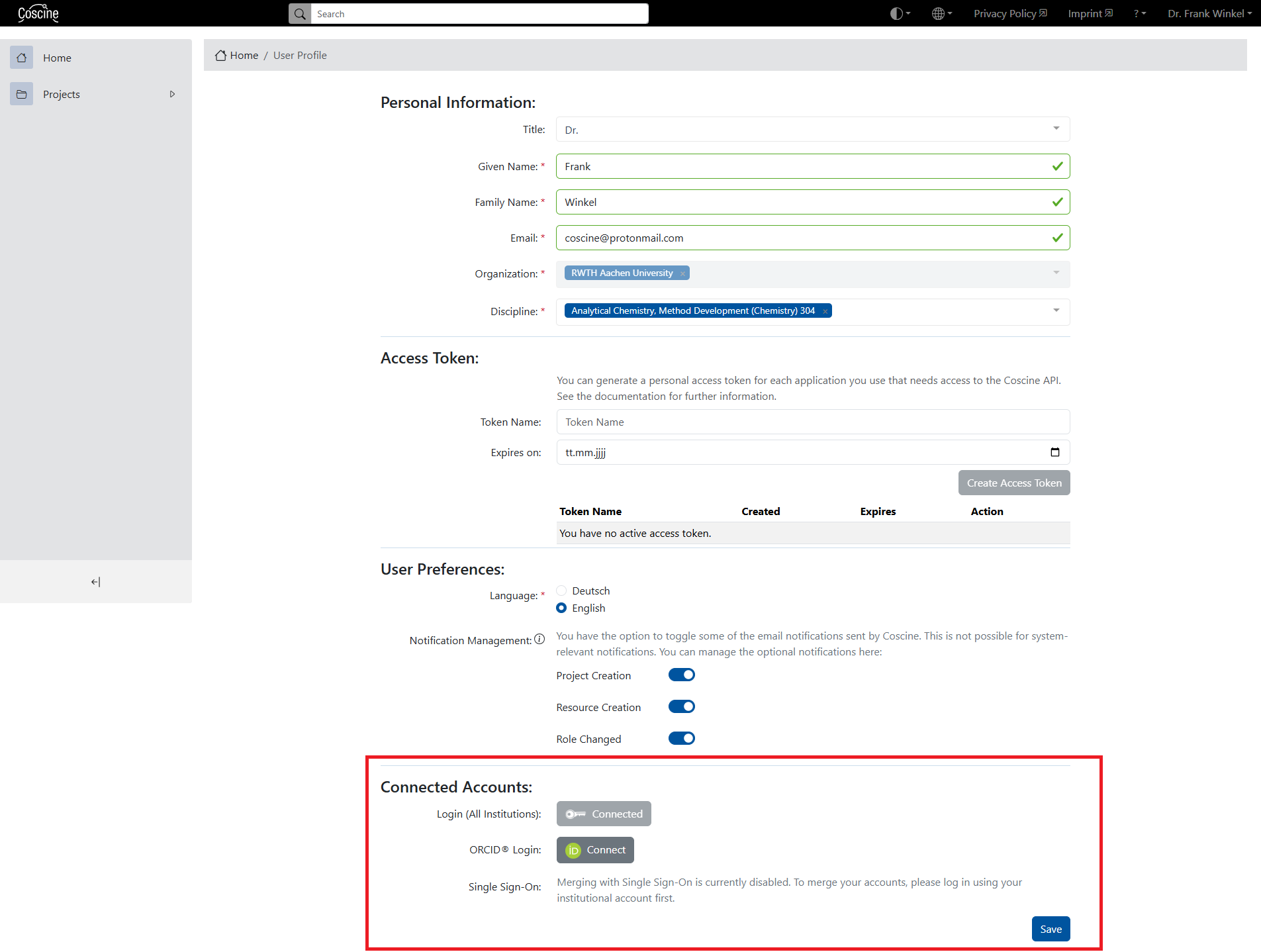 Coscine user profile with personal information, access token, user preferences regarding language, and linked accounts based on the various login options