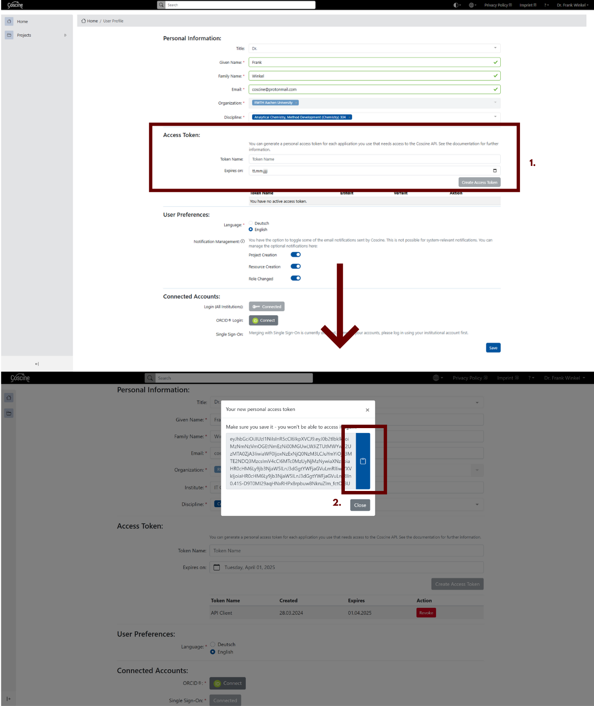 Interface for creating, editing and copying access tokens.